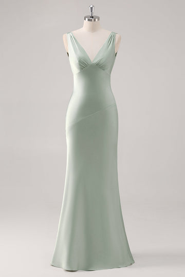 Robe de demoiselle d’honneur en satin dos nu à col en V vert sauge